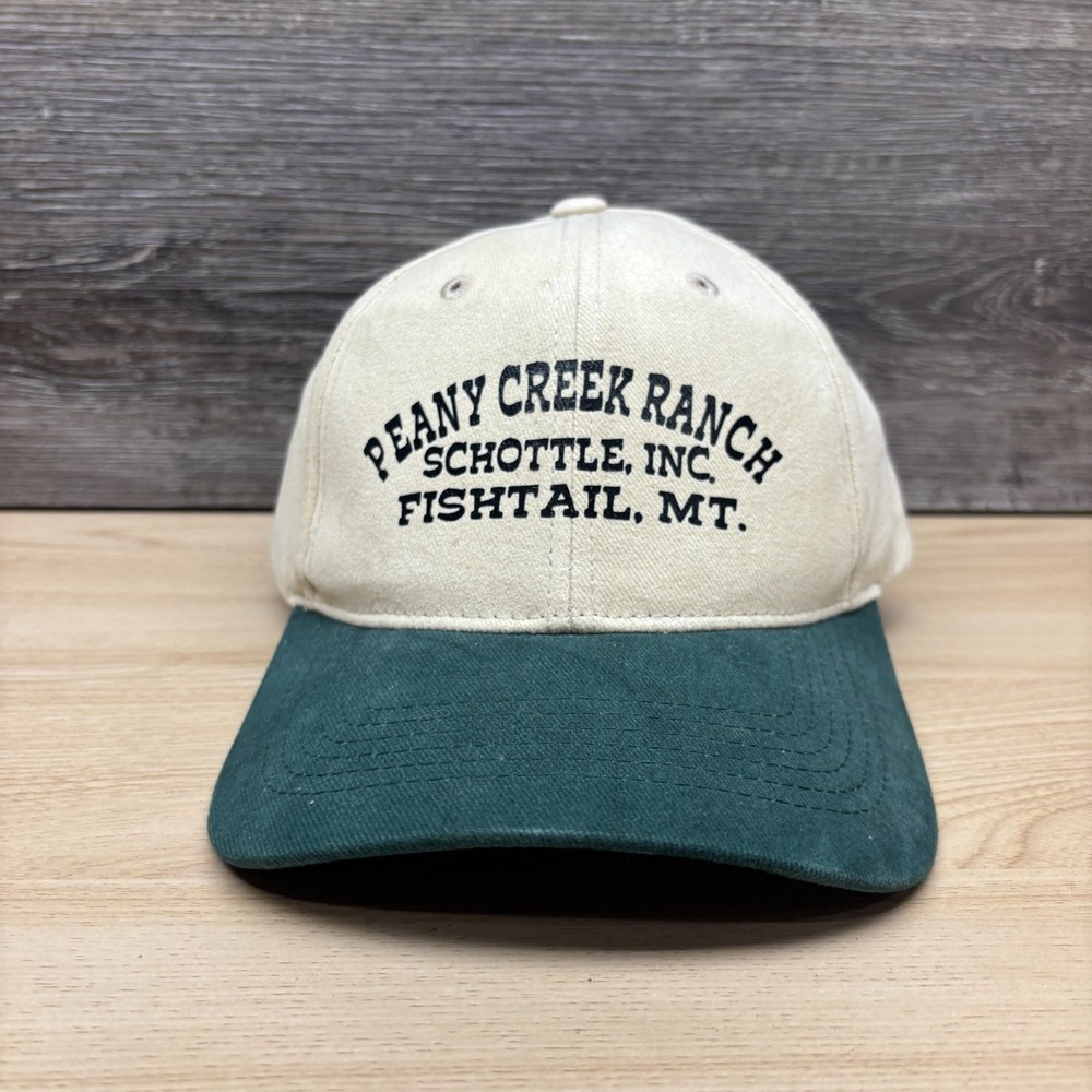 Peany Creek Ranch Hat Cap Strap Back Beige Green Fishtail Montana MT Schottle